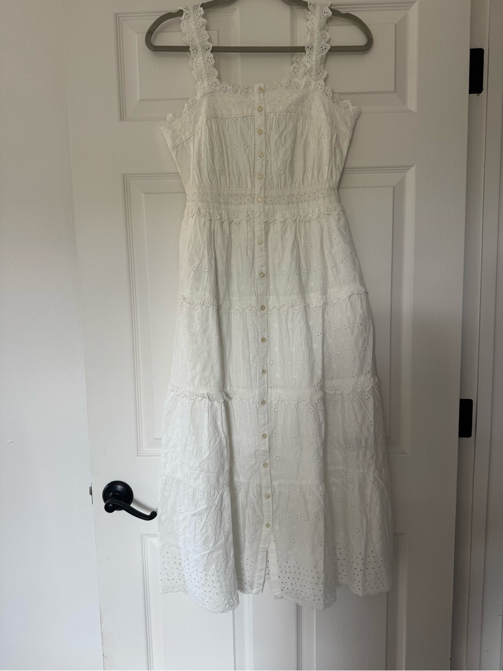 White Eyelet Button-Front Midi Dress with Lace Straps